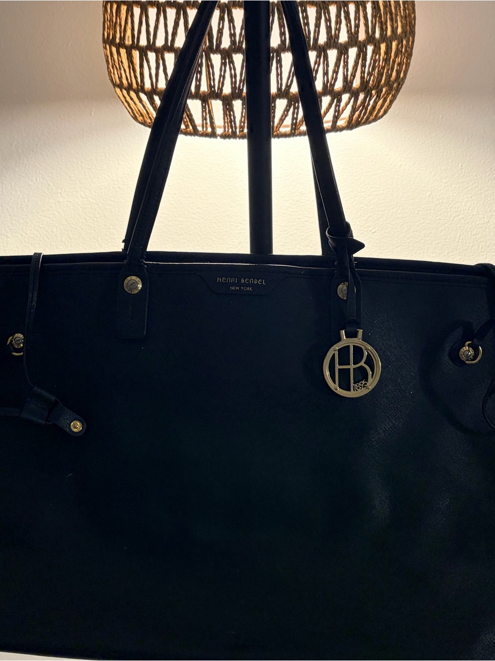 henri bendel Black Leather Tote with Gold Logo Charm